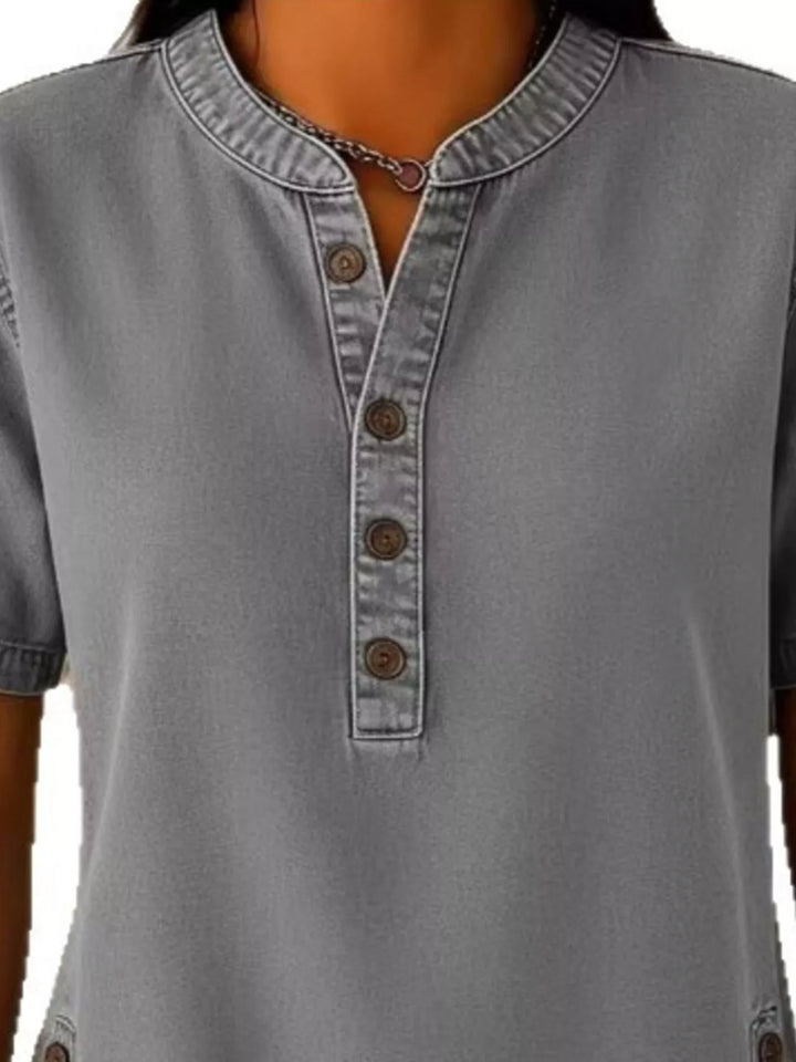 Denim-look button-front short sleeve blouse with side slits