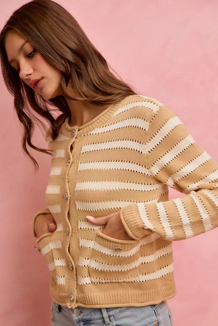 Striped openwork knit cardigan with jeweled buttons