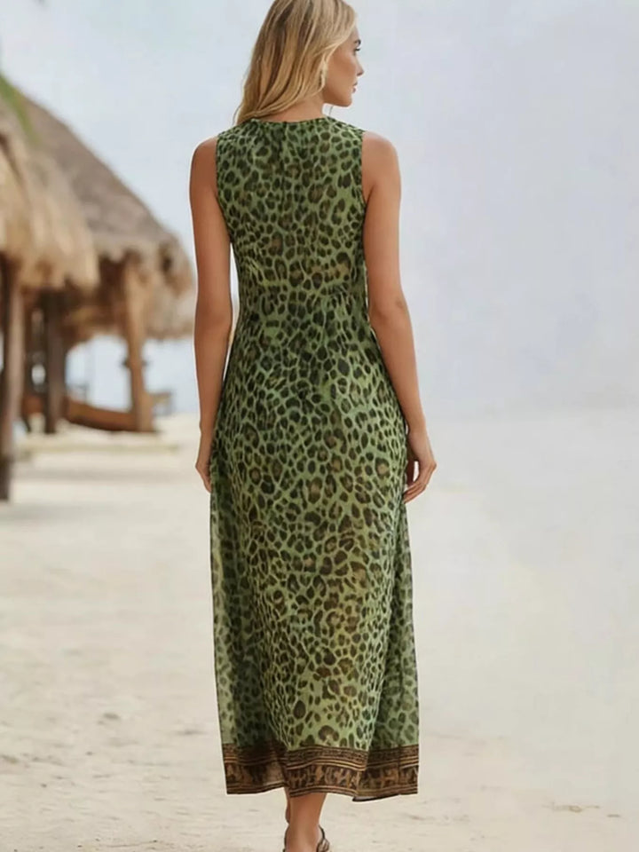 Leopard print v-neck maxi dress with border trim