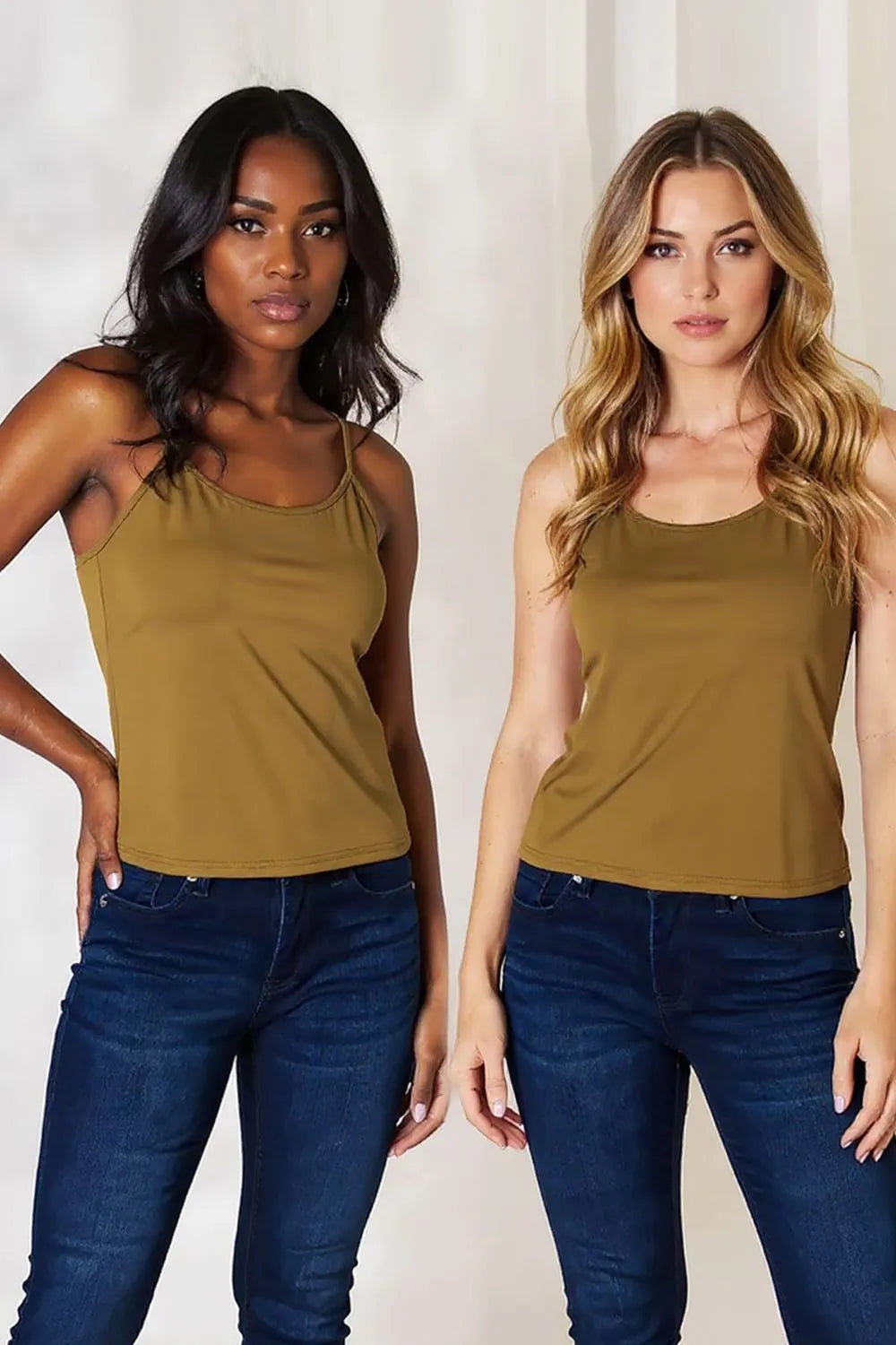 Camel Round neck slim cami tank with spaghetti straps