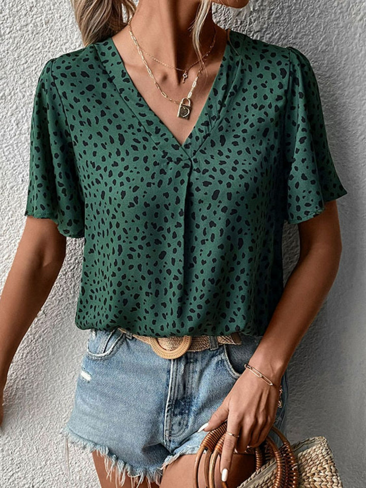 Forest Flutter sleeve animal print V-neck blouse