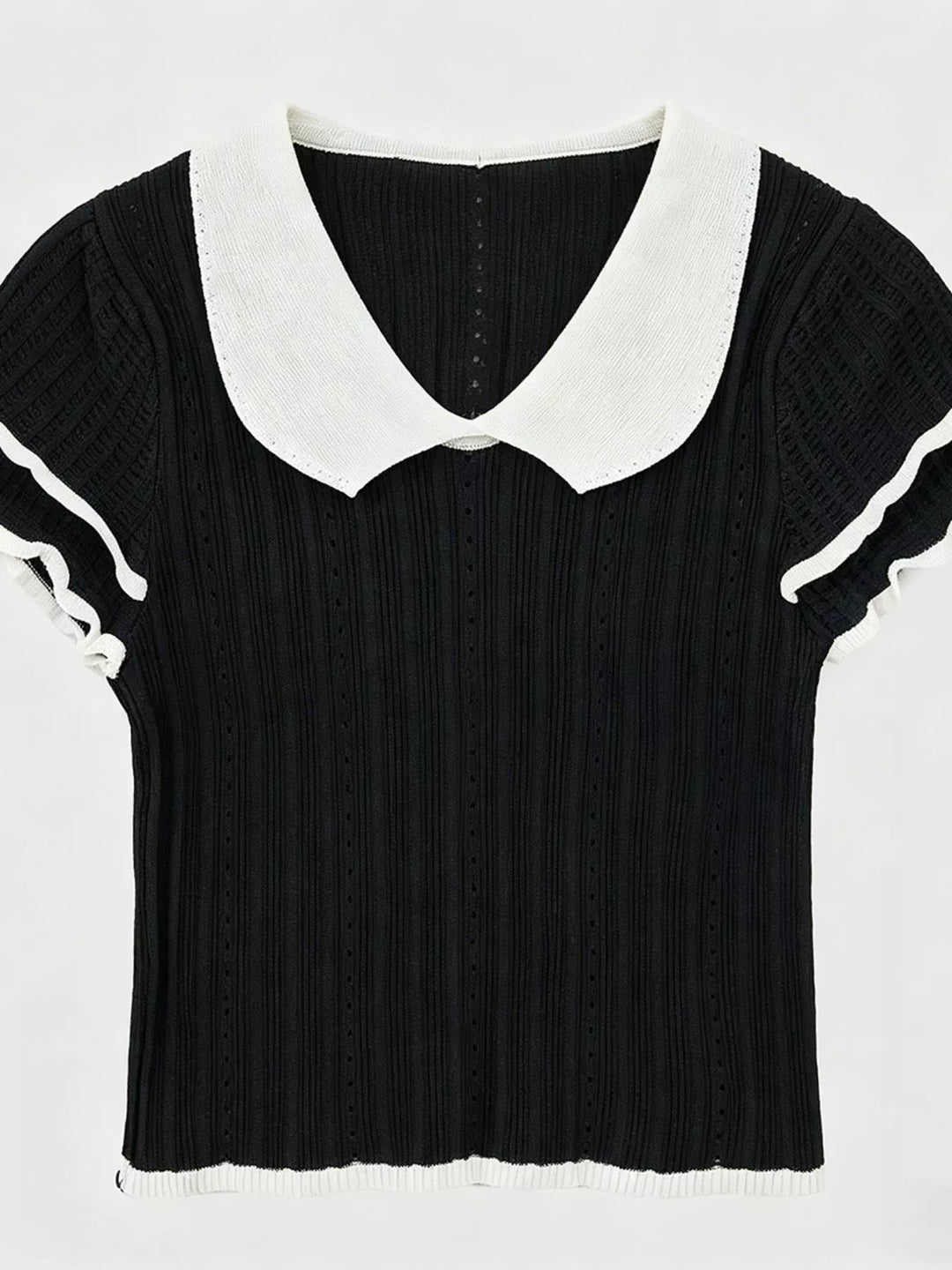 Black Ribbed knit crop top with Peter Pan collar and ruffle sleeves