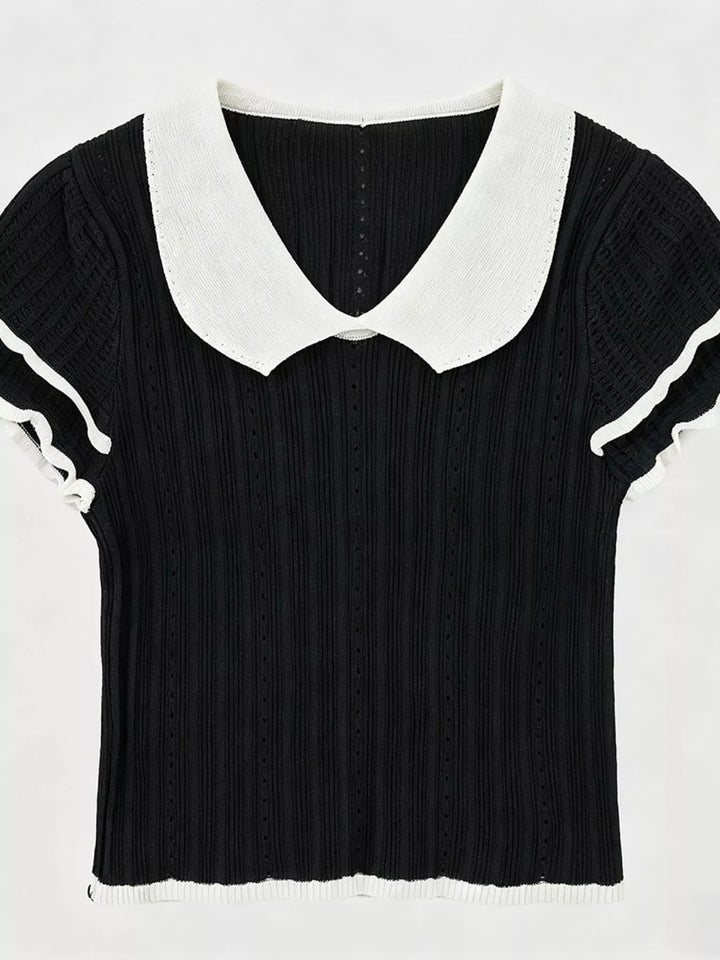 Black Ribbed knit crop top with Peter Pan collar and ruffle sleeves