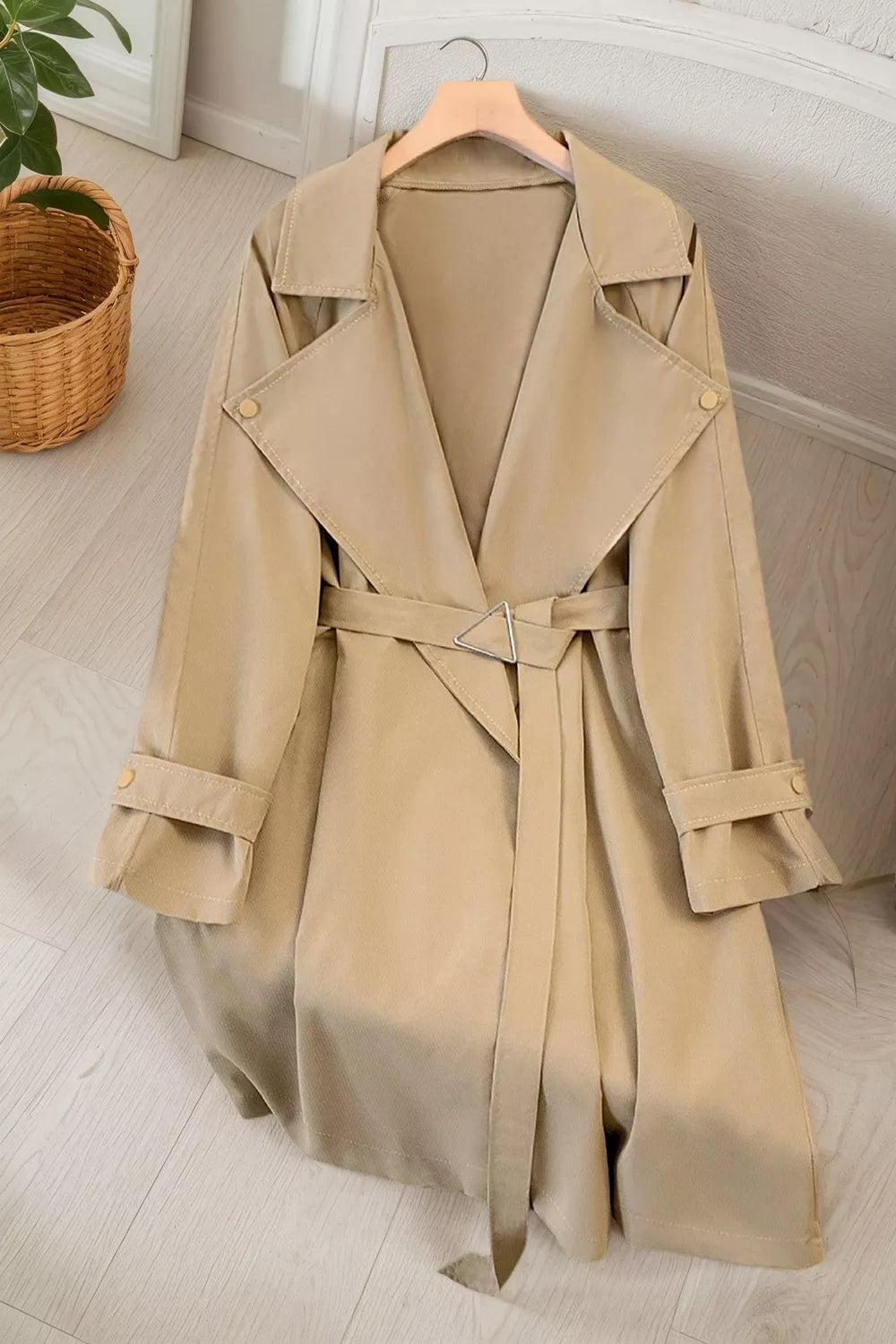 Camel Wide lapel belted trench coat with epaulette tabs