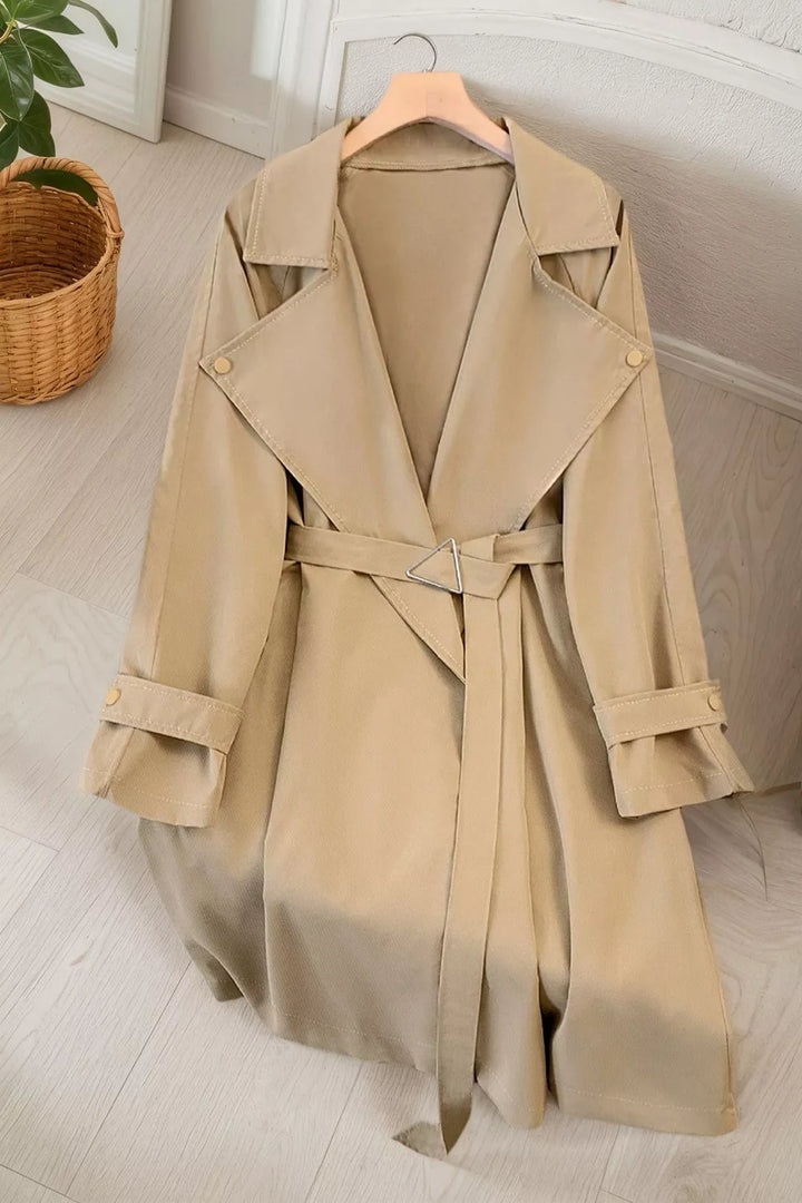 Camel Wide lapel belted trench coat with epaulette tabs
