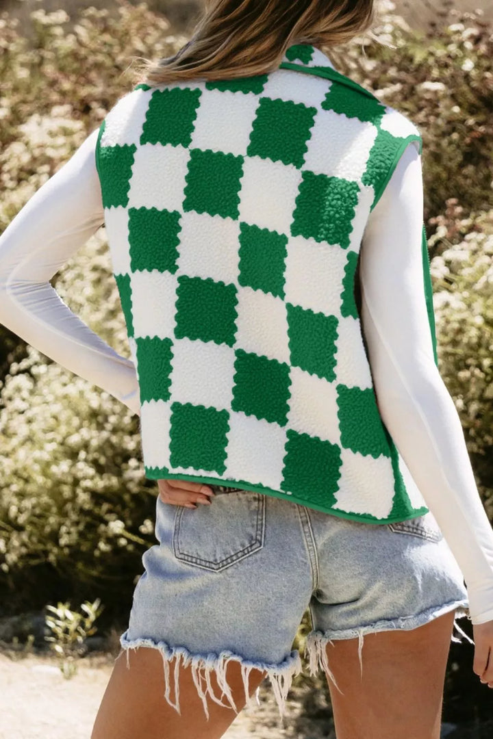 Checkerboard sherpa fleece zip vest with stand collar