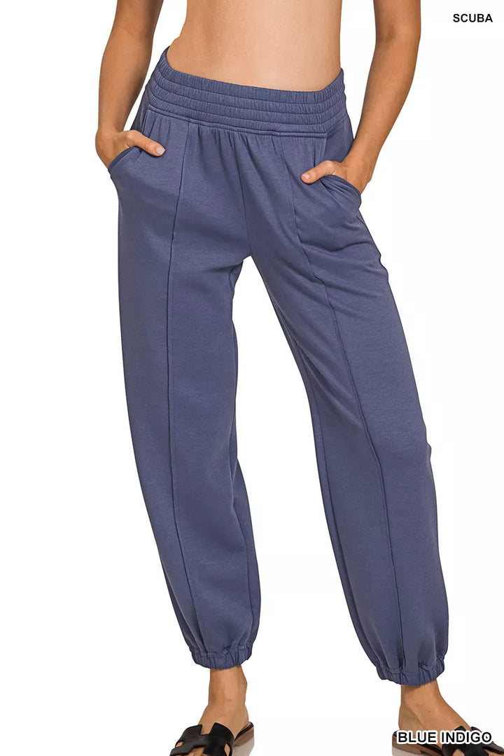 BLUEINDIGO Smocked-waist scuba jogger pants with side pockets