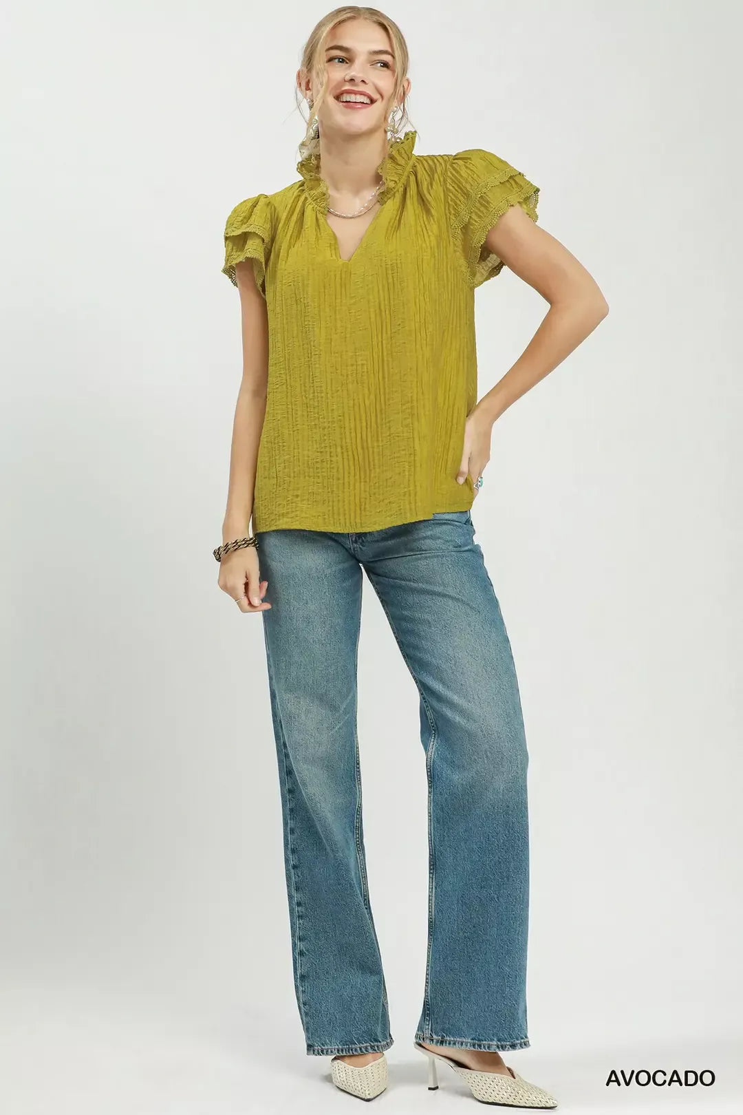 Double ruffle cap sleeve split V-neck top with lace trim