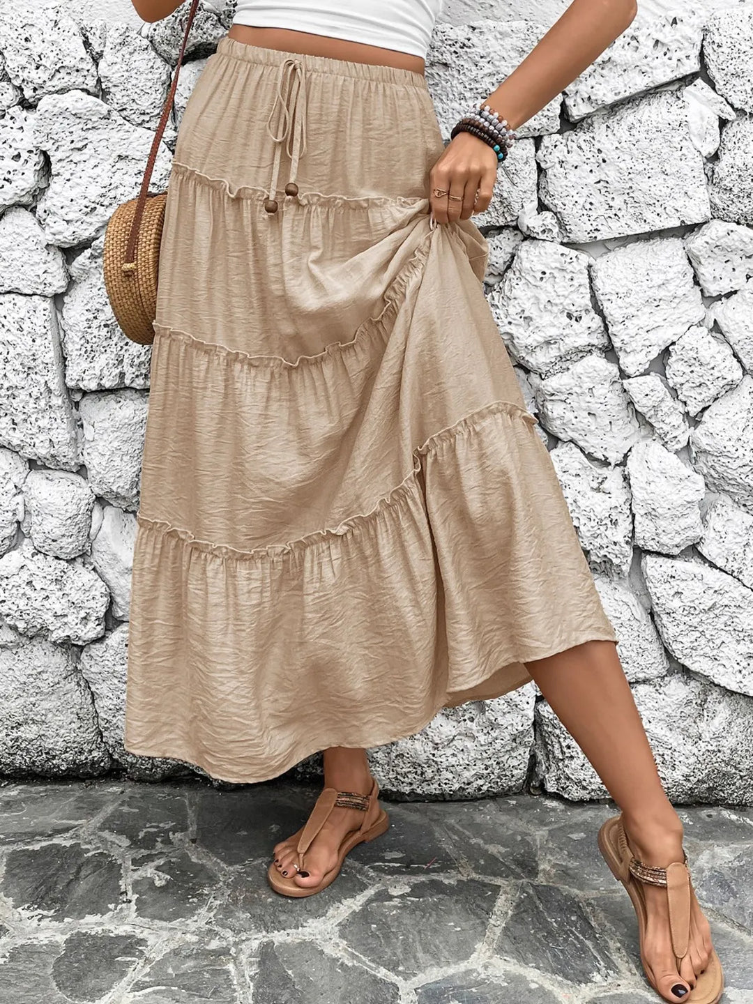 Tiered ruffle maxi skirt with drawstring tie waist