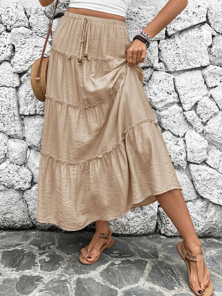 Tiered ruffle maxi skirt with drawstring tie waist