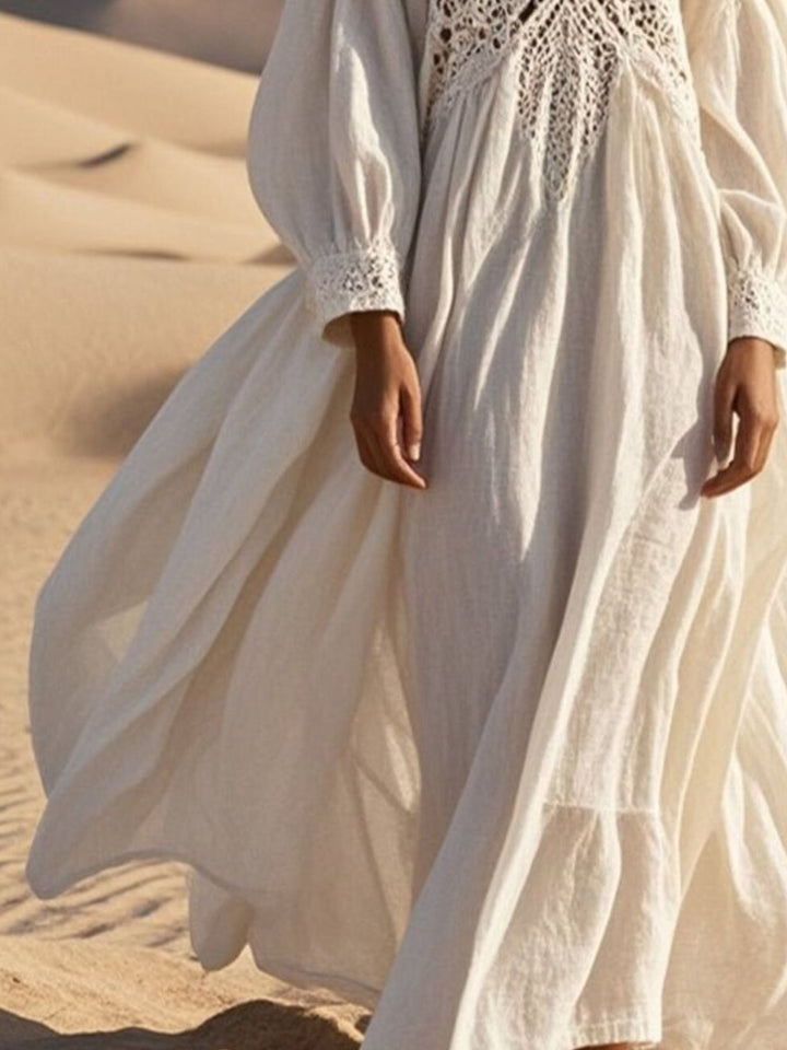 Crochet trimmed V-neck midi dress with balloon sleeves