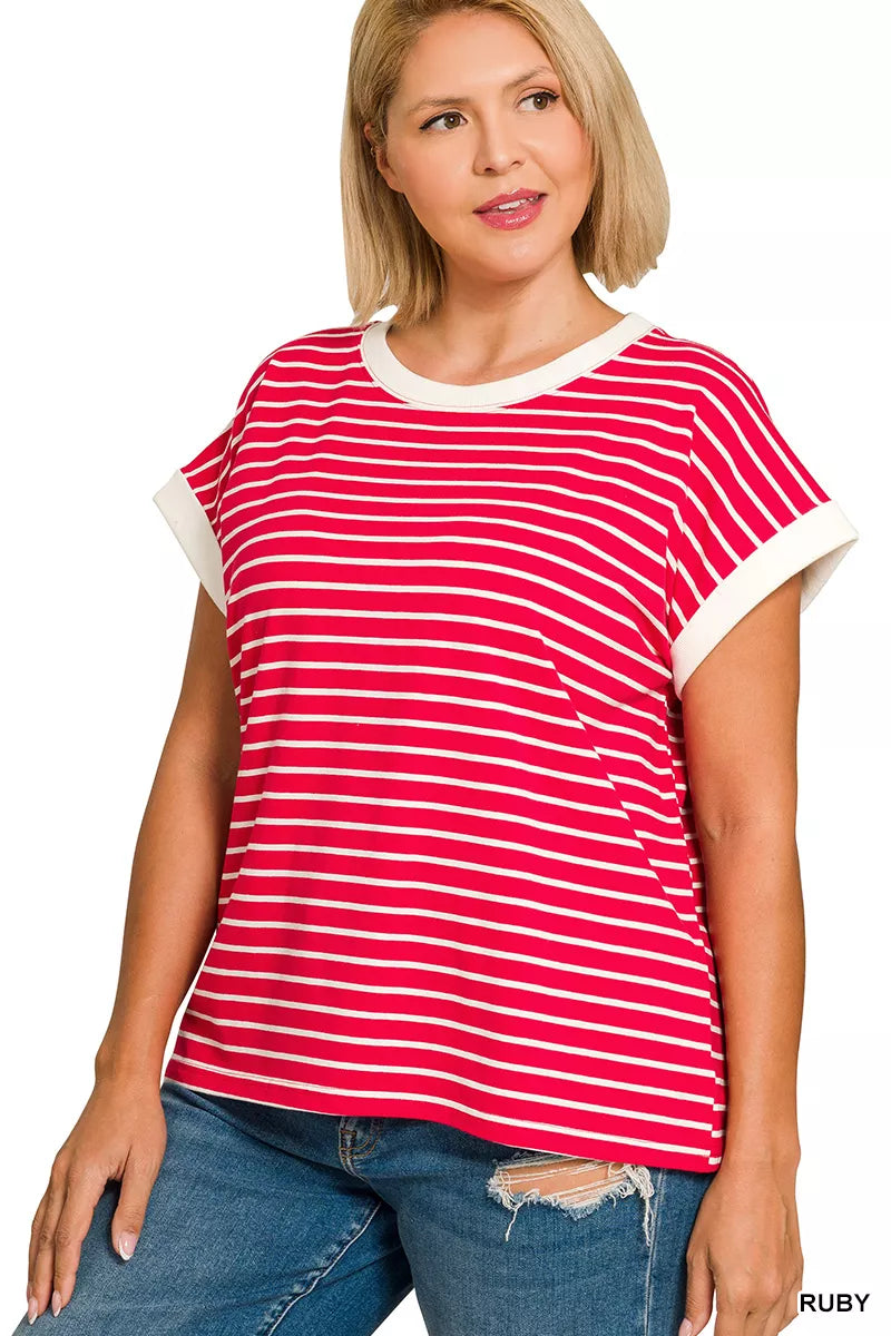 Striped cap sleeve tee with contrast trim