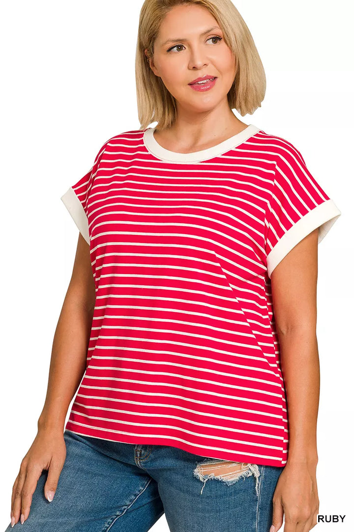 Striped cap sleeve tee with contrast trim