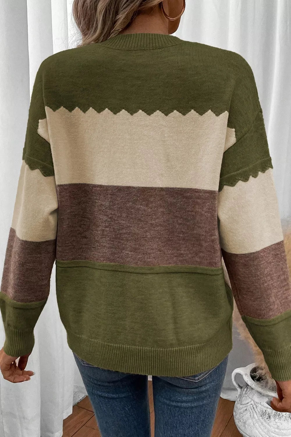 Colorblock drop shoulder crew neck sweater with zigzag trim