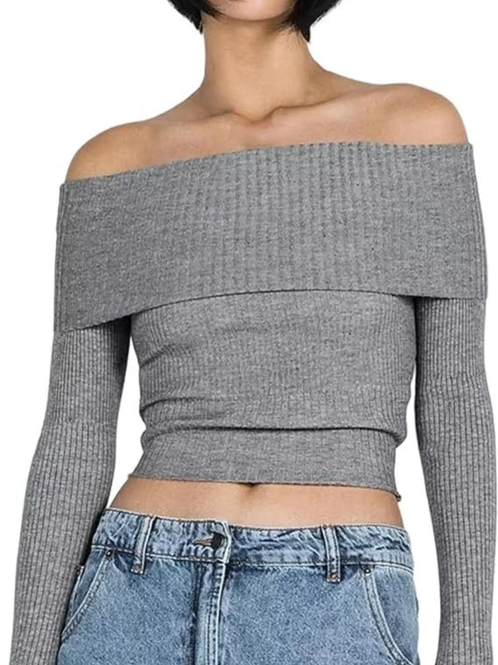 Off-shoulder ribbed knit top with foldover neckline