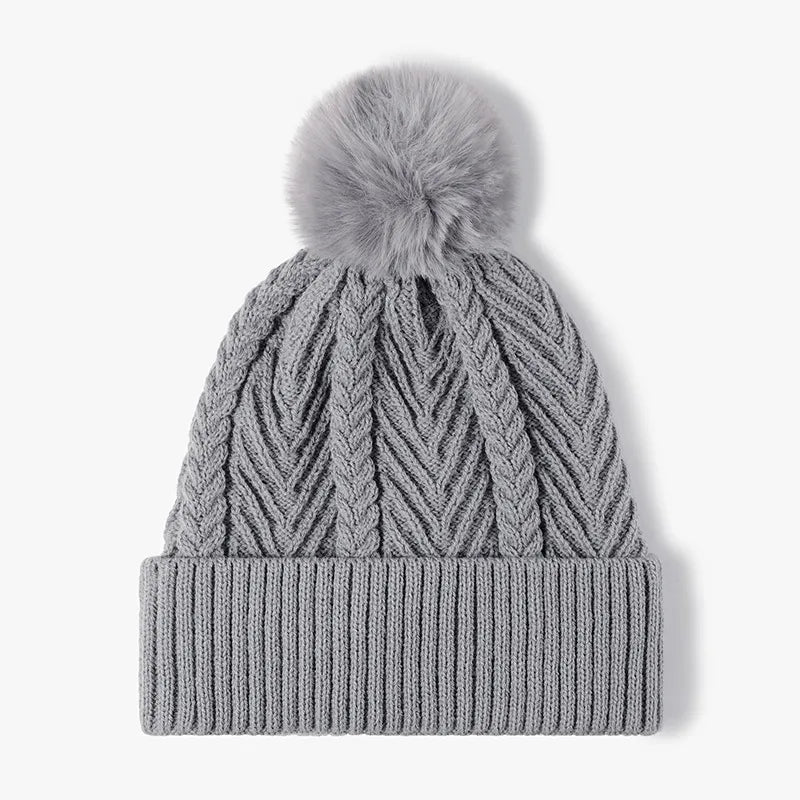 Gray Cable knit beanie with faux fur pompom and ribbed cuff