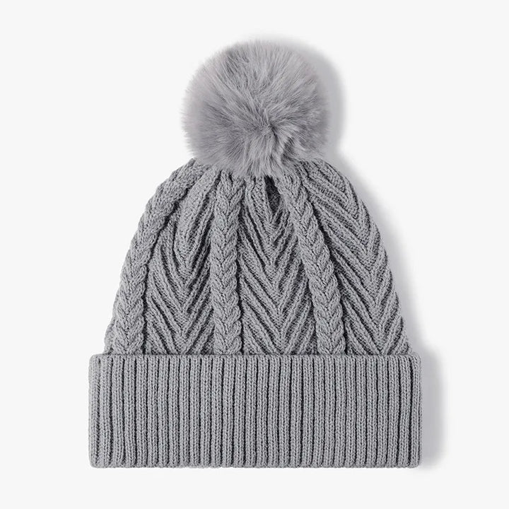 Gray Cable knit beanie with faux fur pompom and ribbed cuff