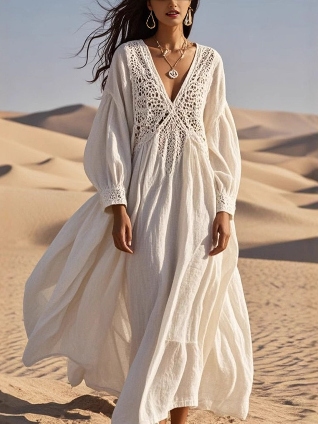 White Crochet trimmed V-neck midi dress with balloon sleeves