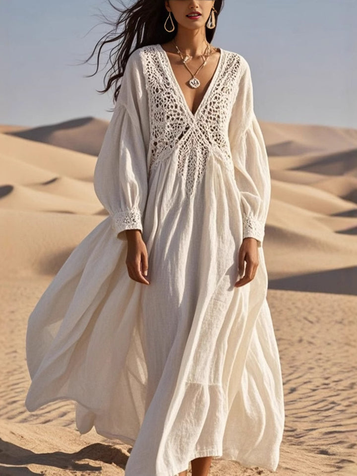 White Crochet trimmed V-neck midi dress with balloon sleeves