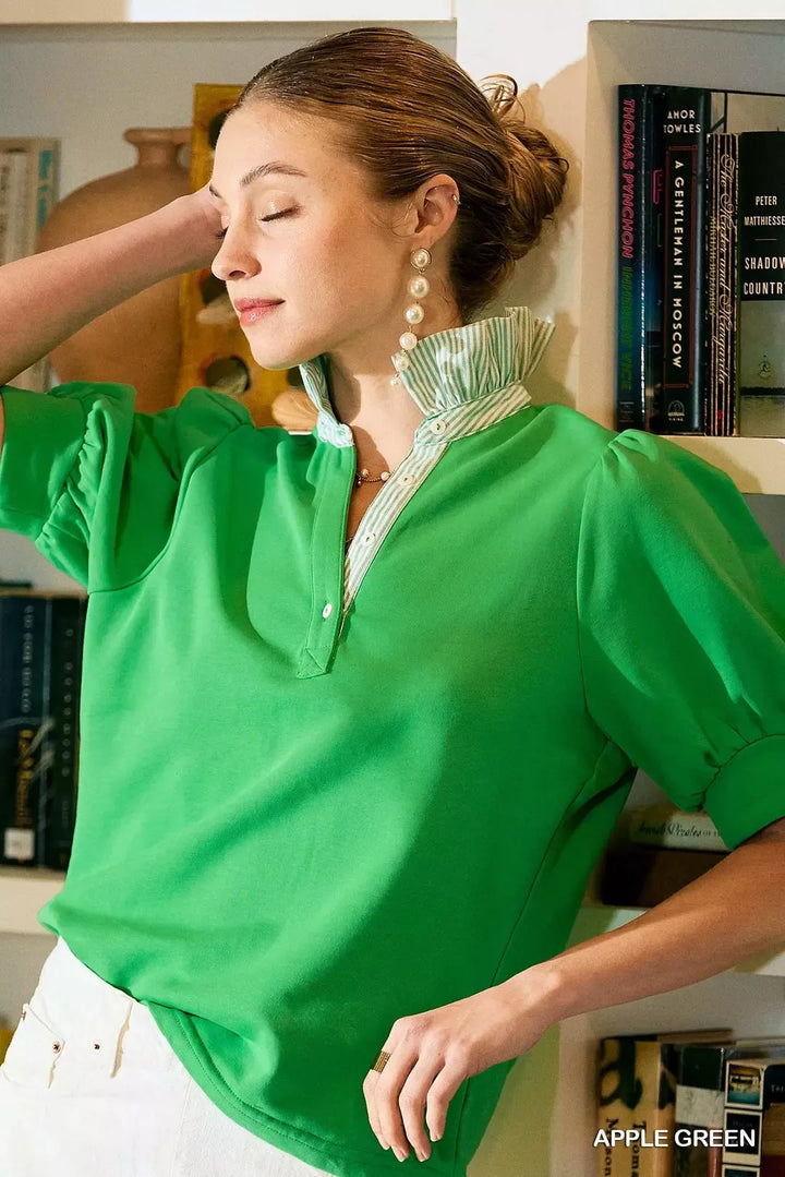 APPLE GREEN Contrast striped collar popover top with puff shoulders