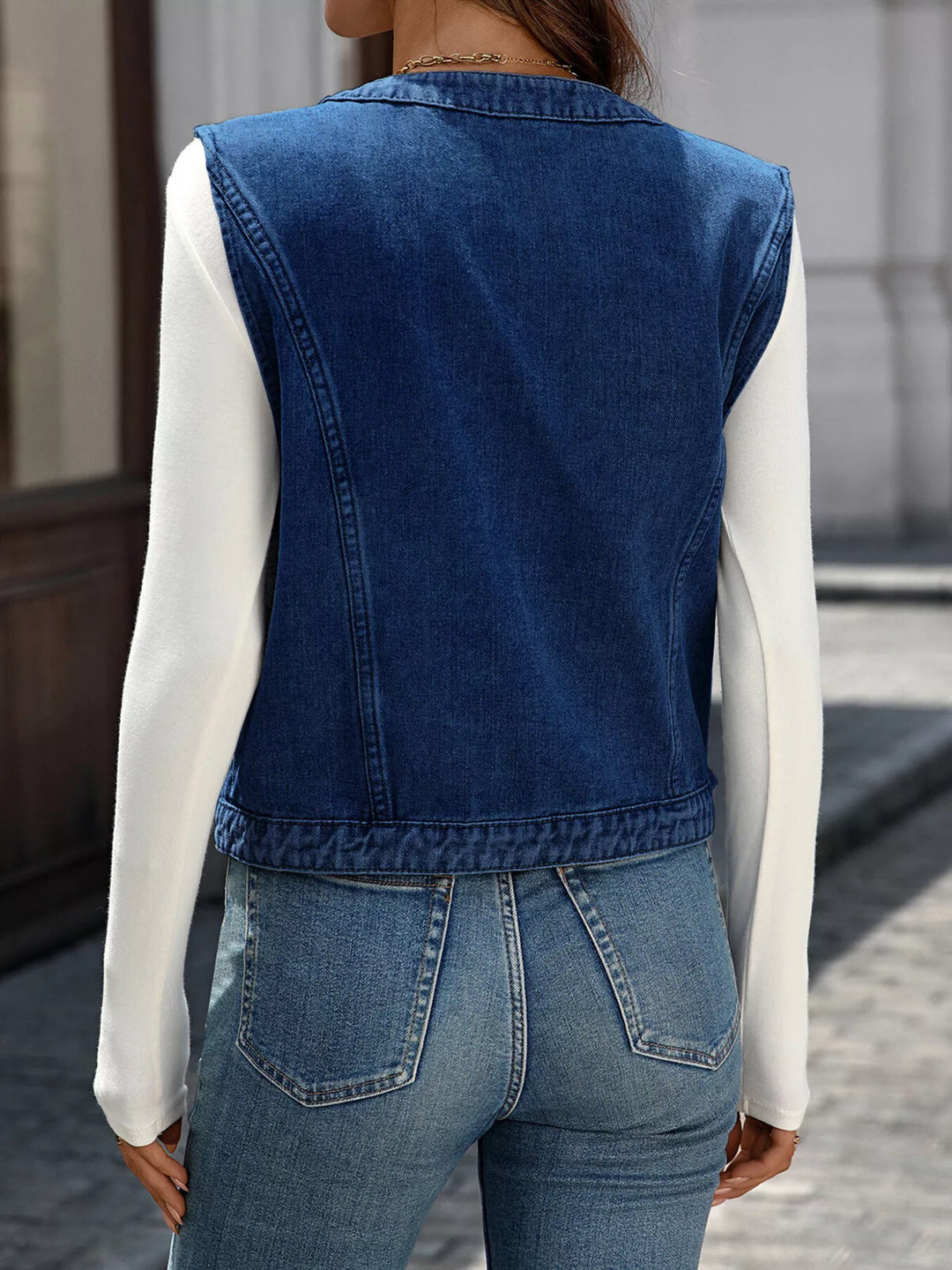 Cropped button-down denim vest with patch pockets