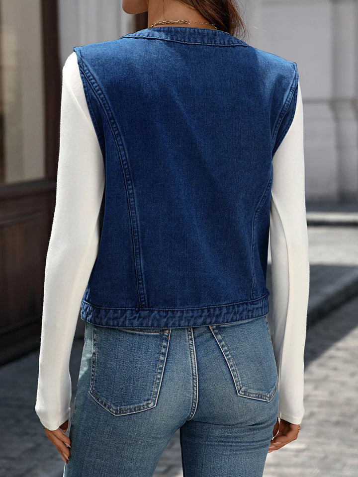 Cropped button-down denim vest with patch pockets