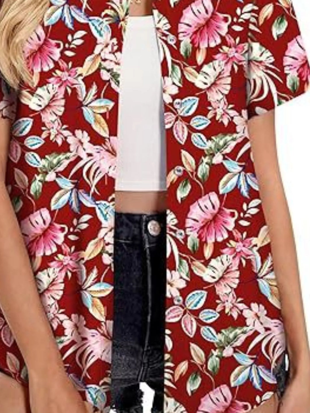 Tropical hibiscus print short sleeve button-up shirt