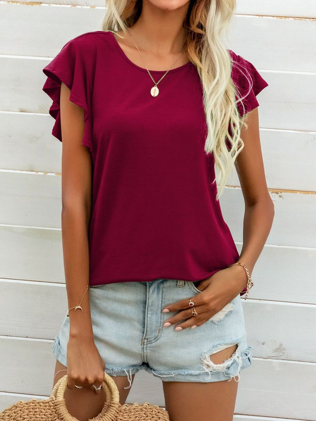 Deep Red Ruffled butterfly cap sleeve round neck top
