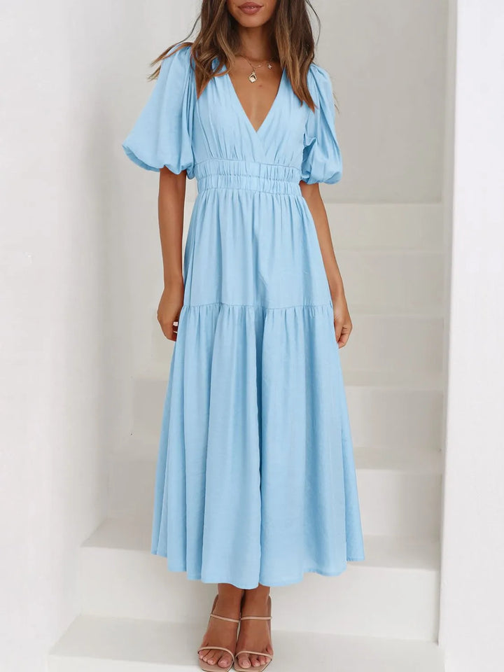 Ruched waist puff sleeve v-neck tiered midi dress