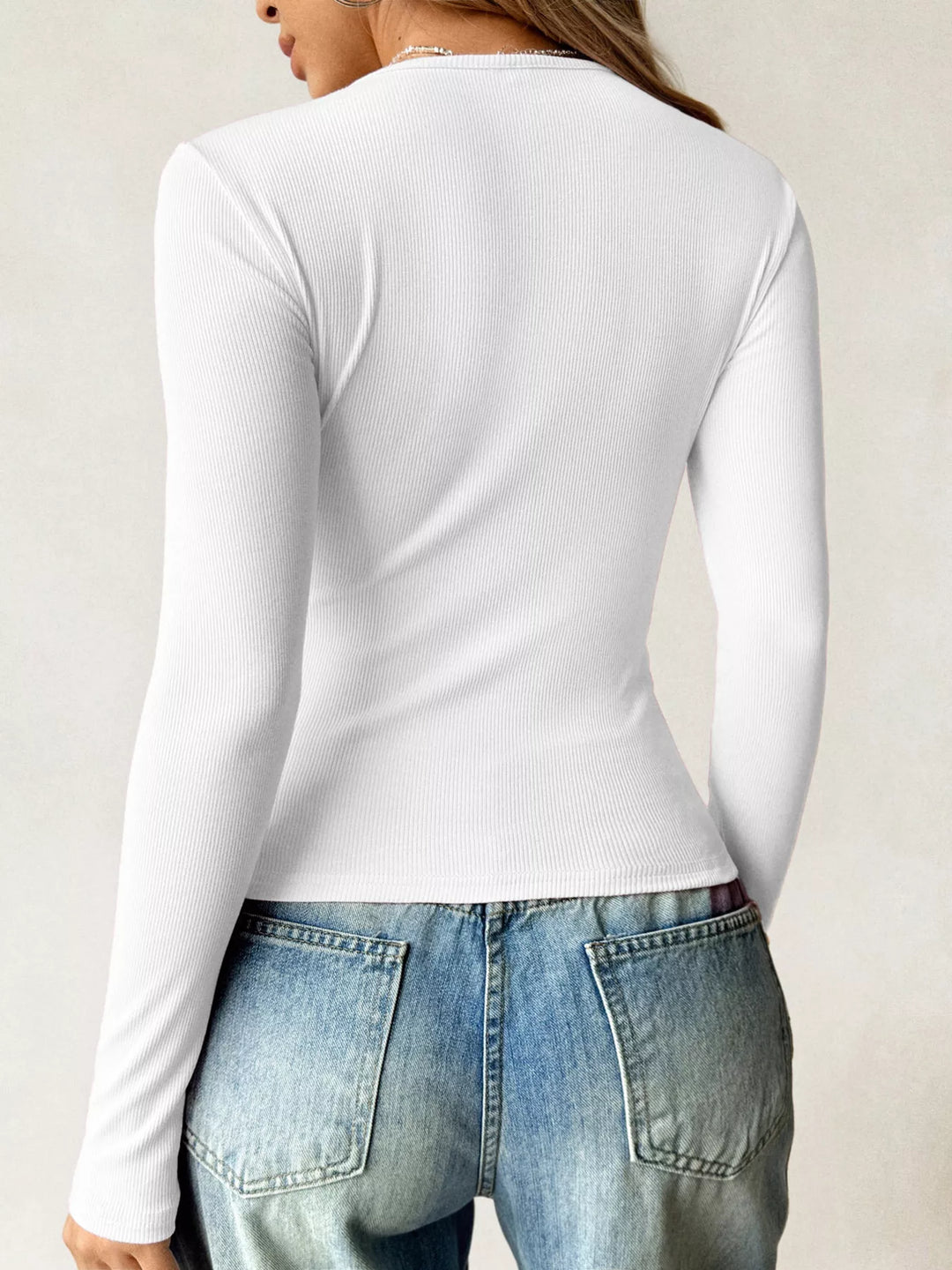 Ribbed knit long sleeve fitted top with scoop neck