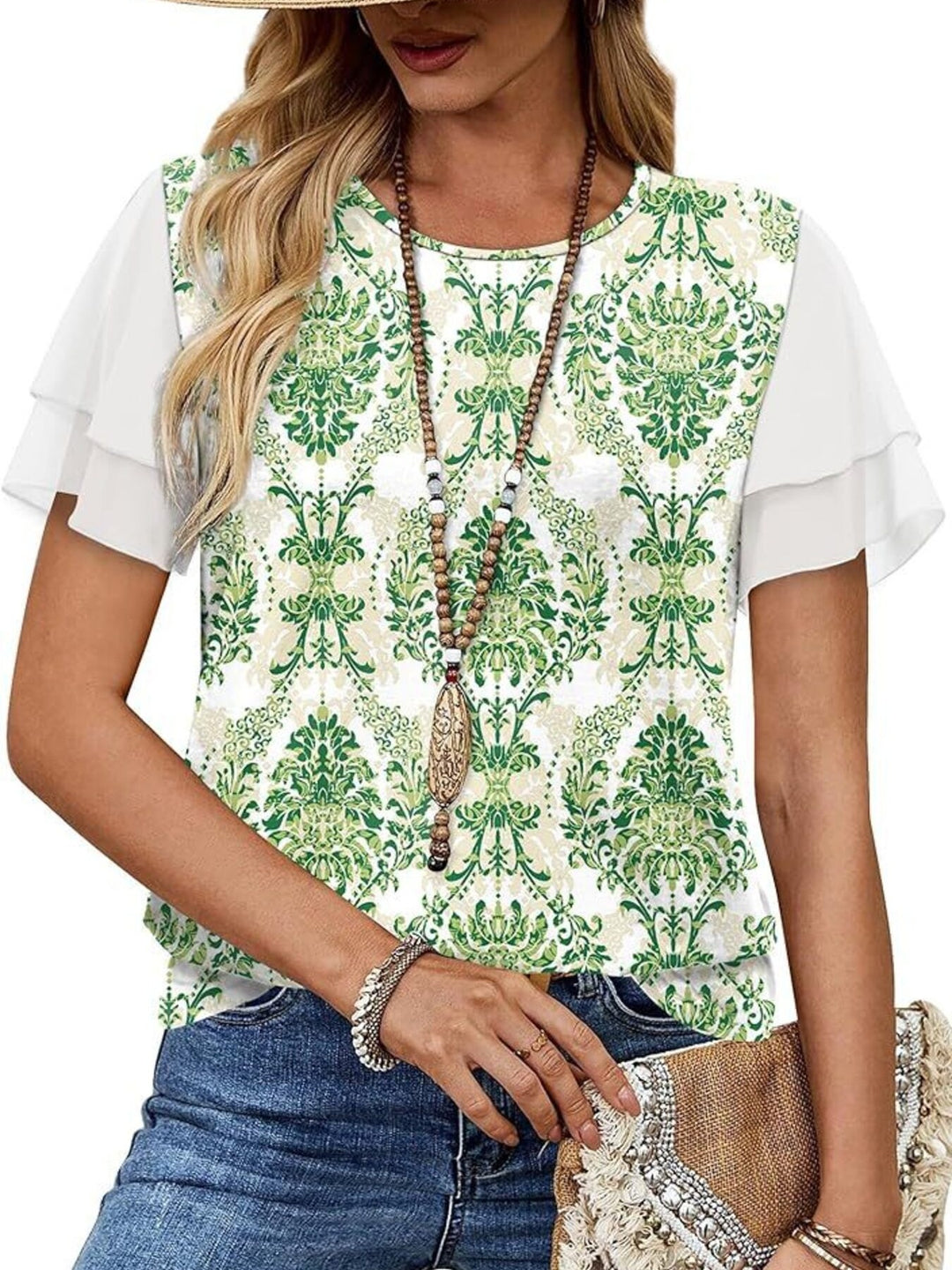 Layered leopard ruffle sleeve round neck top