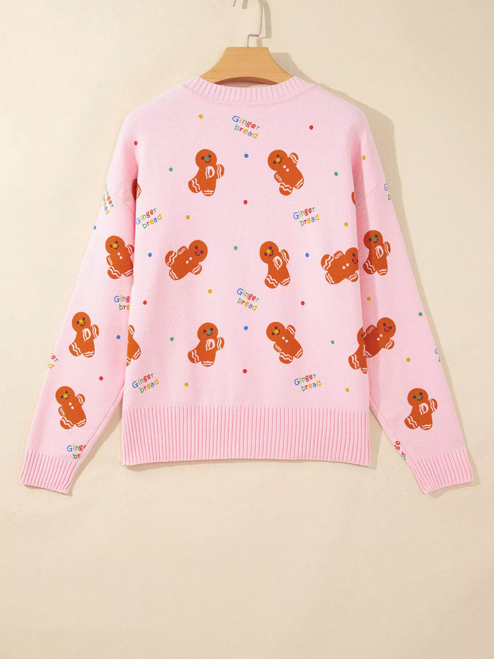 Gingerbread print crew neck knit sweater