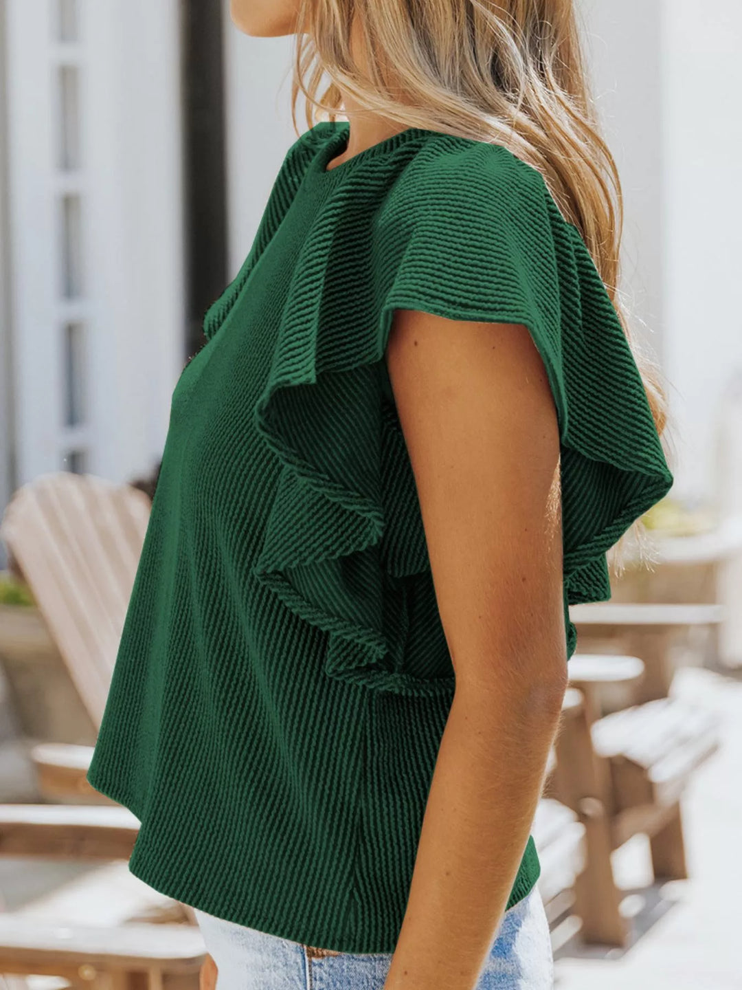 Ribbed knit top with ruffled cap sleeves
