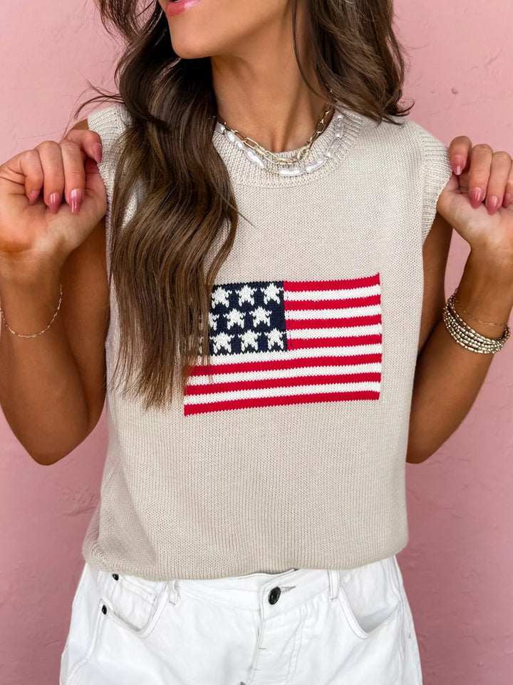 Beige American flag graphic sleeveless knit sweater vest
