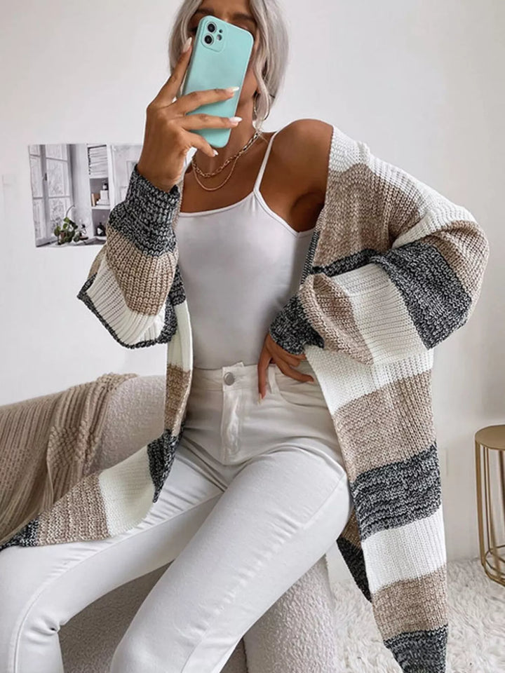 Color block striped open front longline cardigan