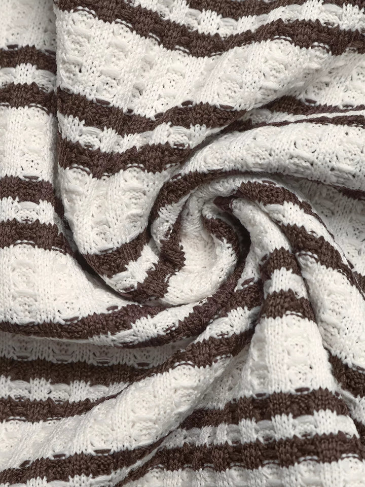 Striped textured knit top with contrast polo collar