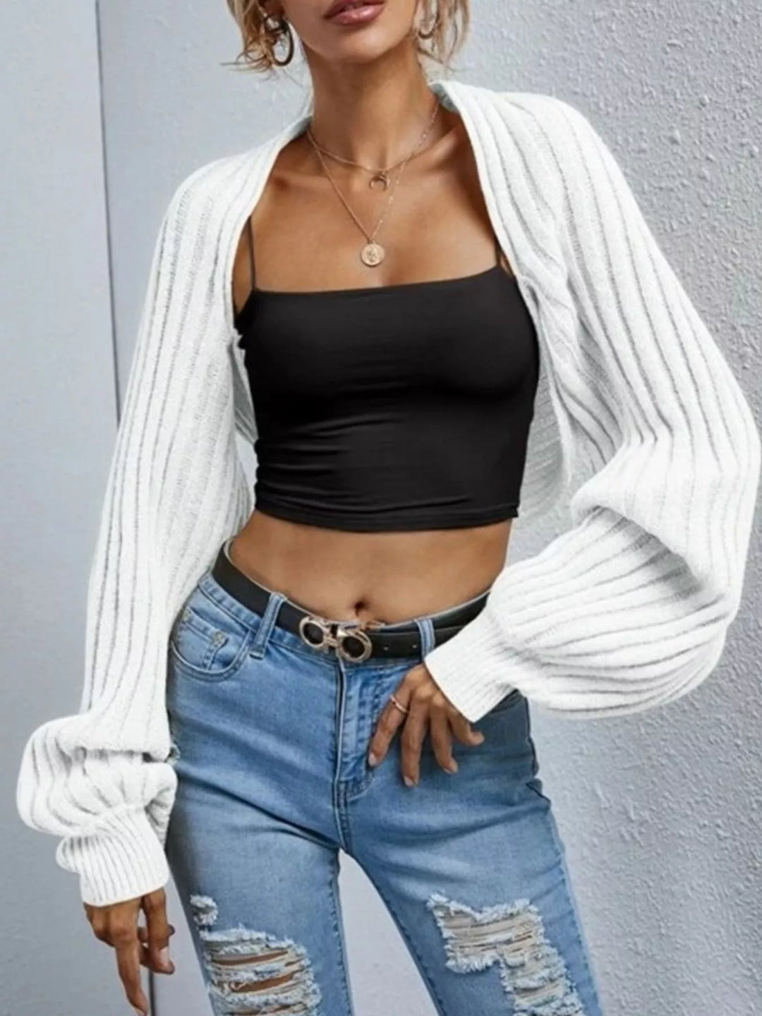 Cropped ribbed knit shrug cardigan with balloon sleeves