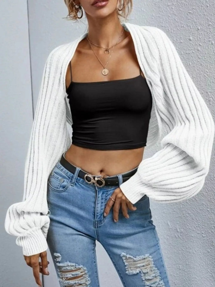 Cropped ribbed knit shrug cardigan with balloon sleeves