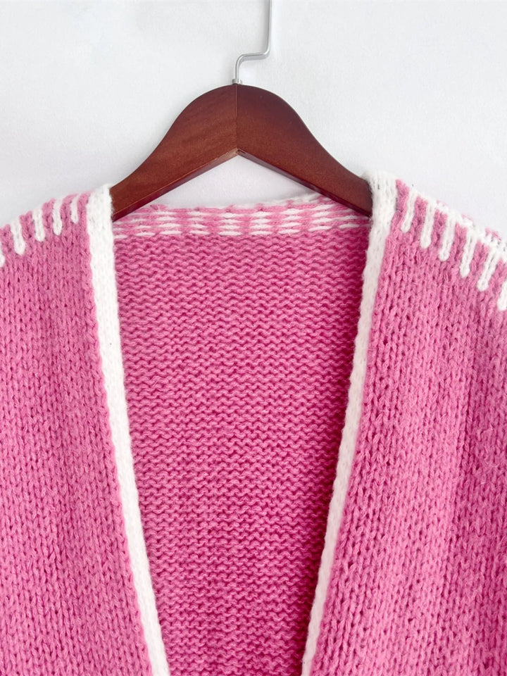 Contrast whipstitch trim open front knit cardigan