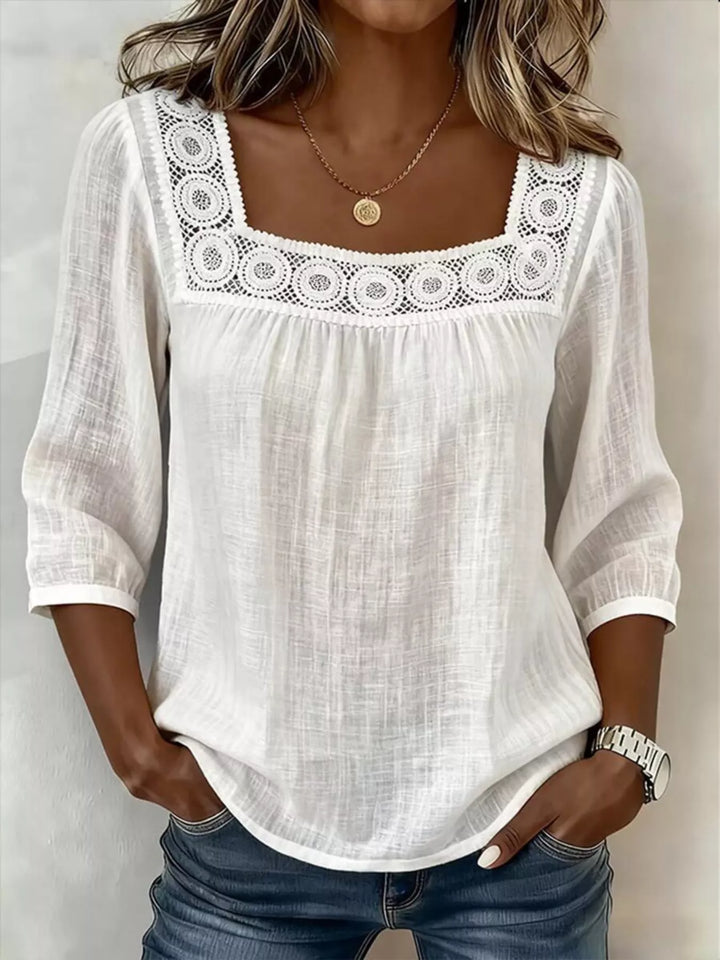 White Crochet trim square neck blouse with 3/4 sleeves