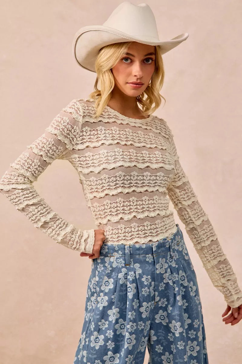 Floral lace long sleeve top with tiered ruffle rows