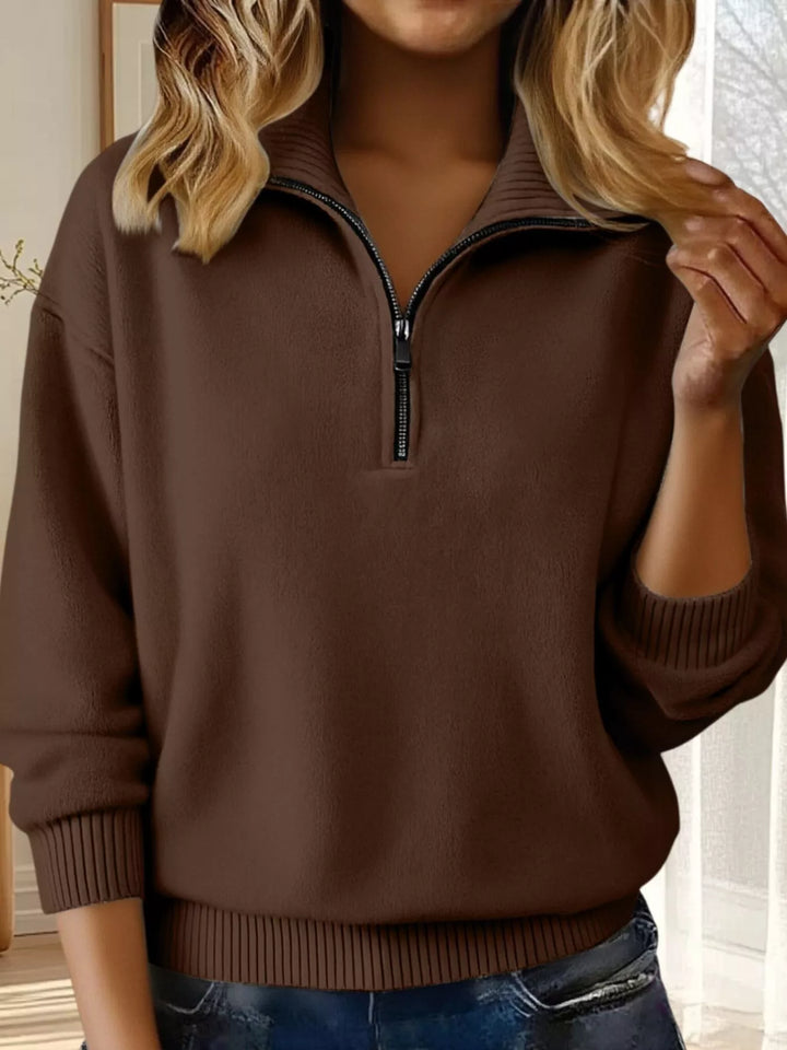 Brown Half-zip dropped-shoulder knit sweater with ribbed collar