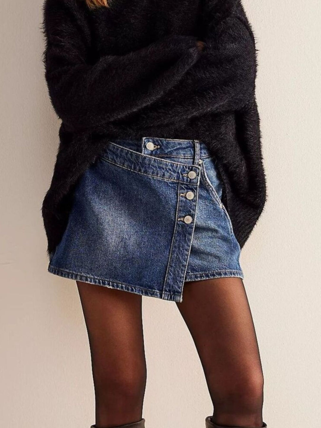Asymmetrical button-front denim mini skirt