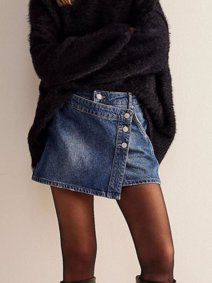 Asymmetrical button-front denim mini skirt