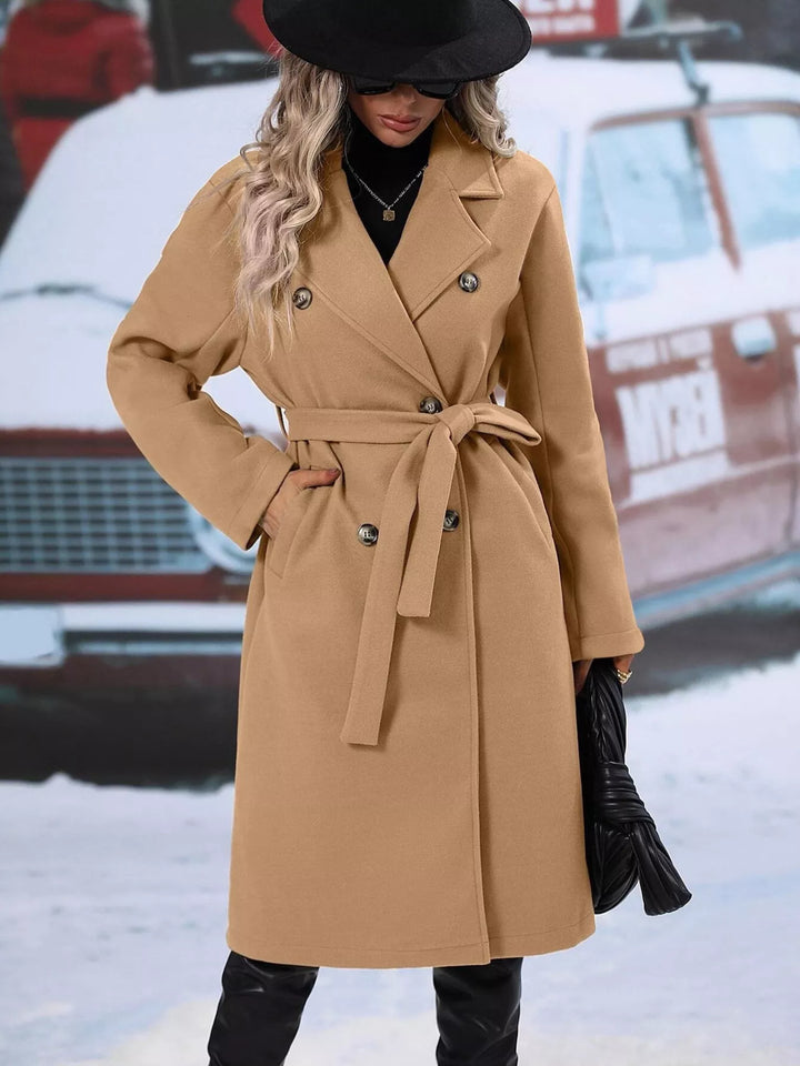 Double-breasted belted longline overcoat with lapel collar