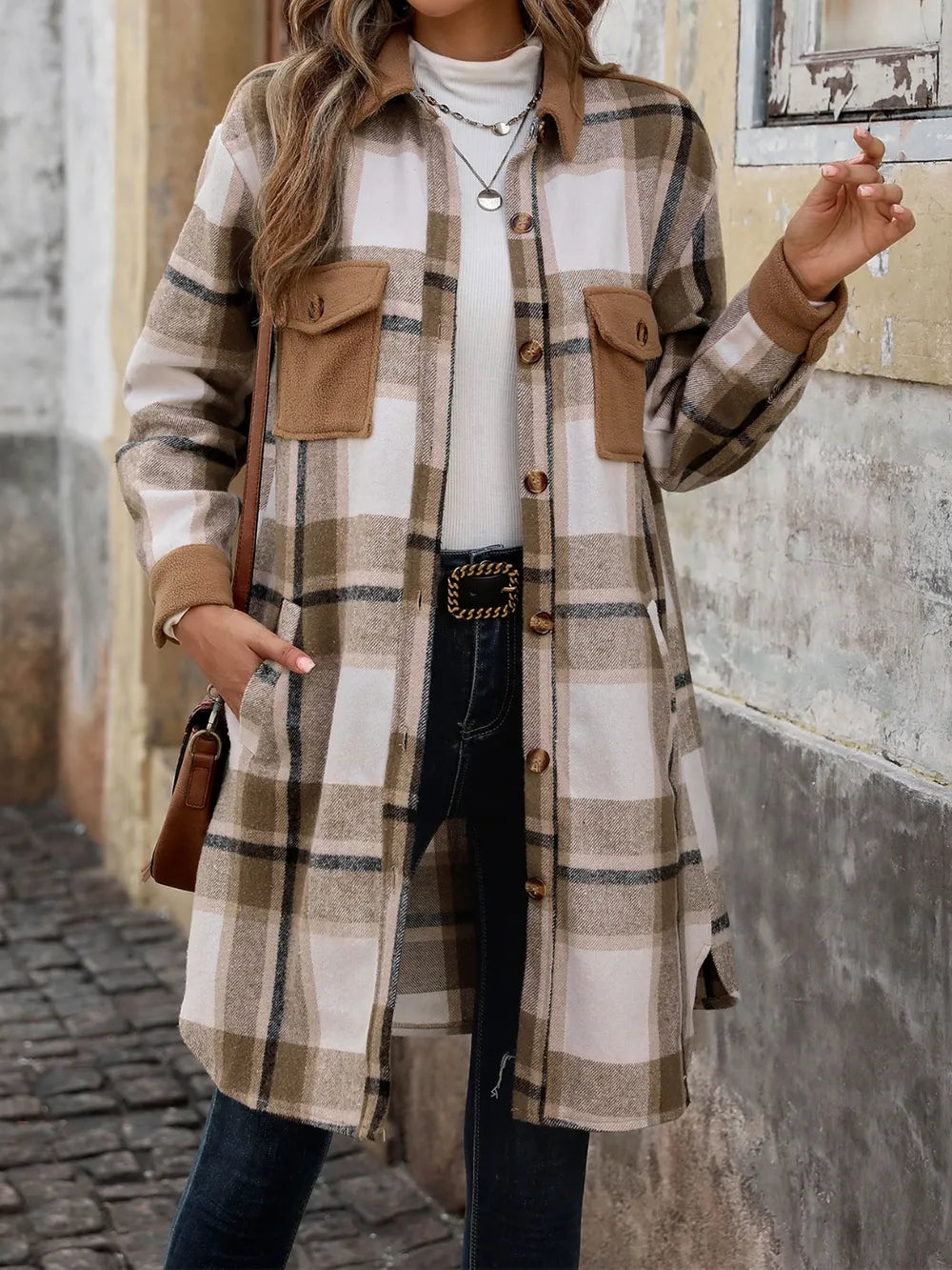 Coffee Brown Longline plaid button-up shacket with flap pockets