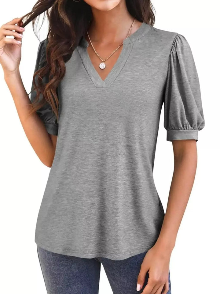 Dark Gray Short puff sleeve notched V-neck casual tee