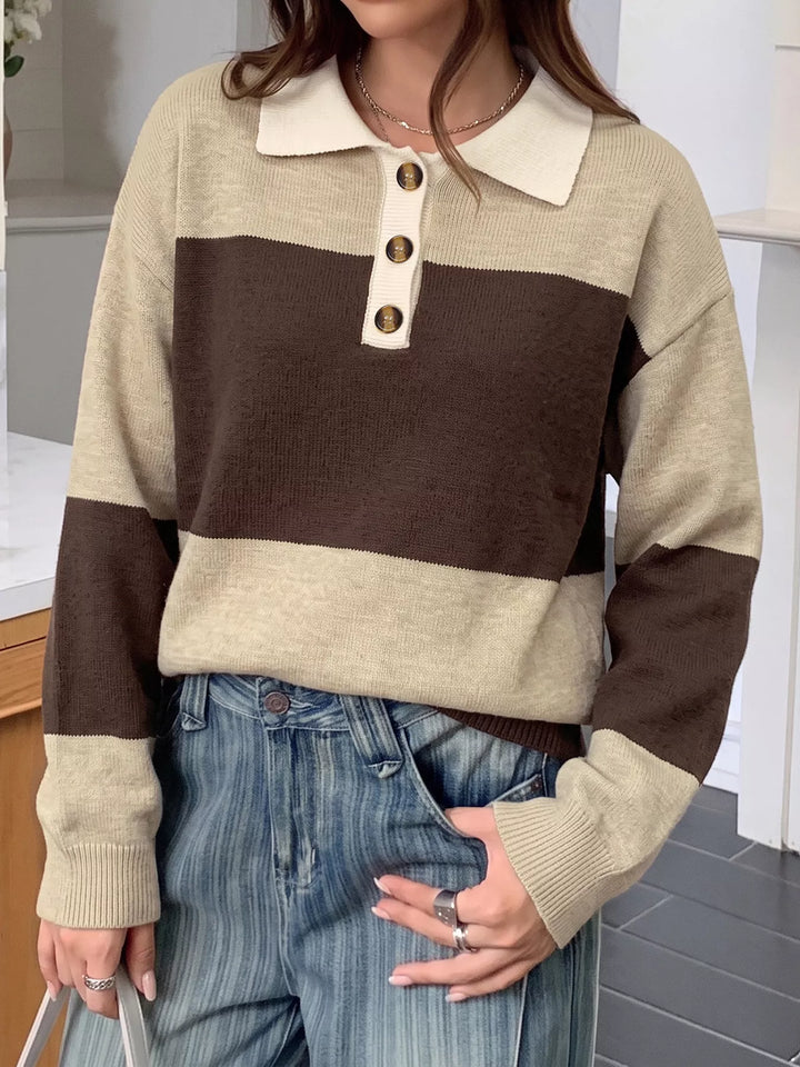 Color block polo collar sweater with button placket