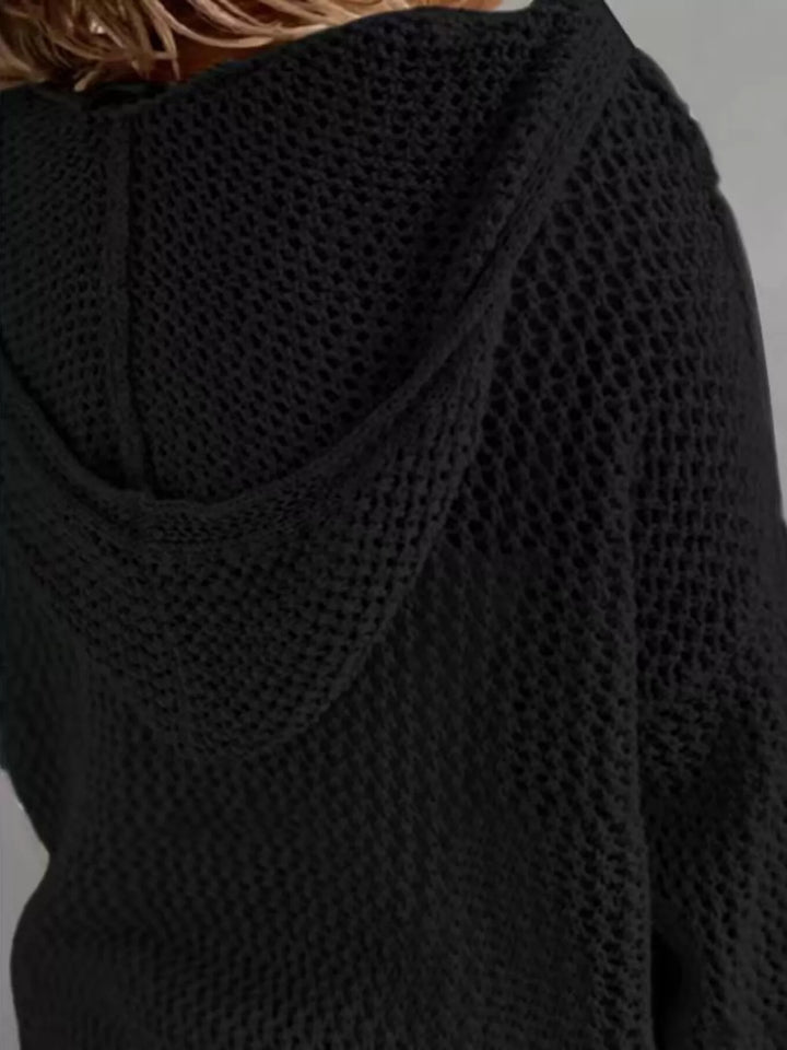 Openwork knit hooded pullover cover-up with V-neck