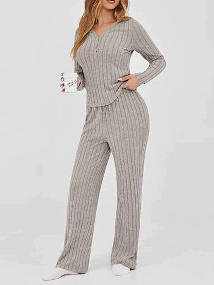 Khaki Color Ribbed knit henley top and wide leg pants lounge set